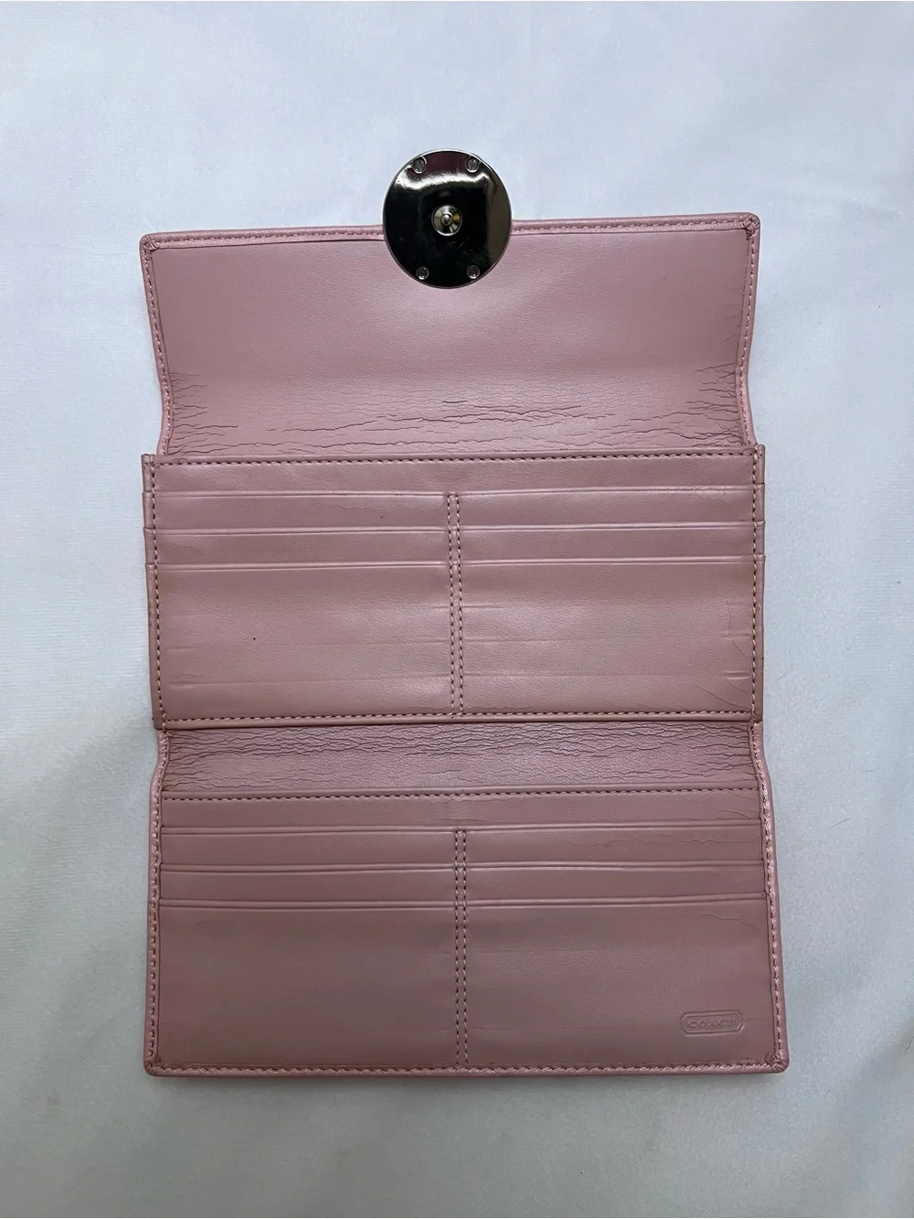 Coach Y2K era Blush Pink Tri-Fold Wallet with Round Silver C Emblem Buckle